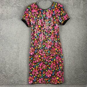 Vtg Rimini Dress 100% Silk Sequin Colorful Abstract AOP Cocktail Lined S/S Sz 8